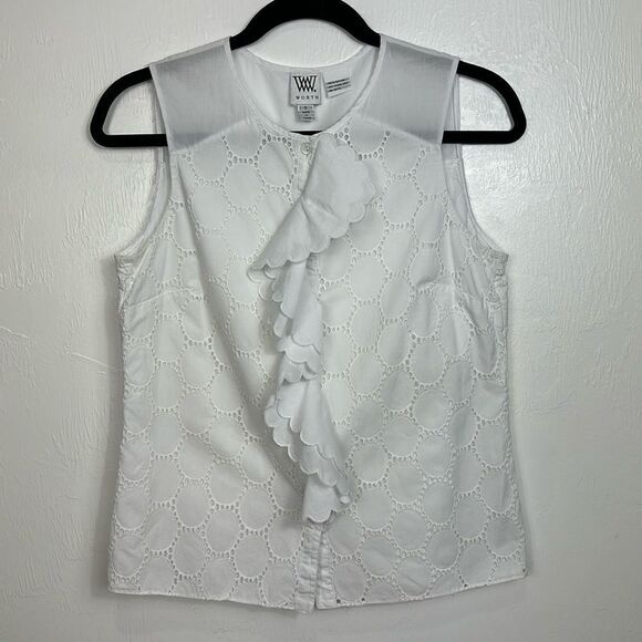 Worth Tops - Worth Cotton Sleeveless Ruffle Front Eyelet Button Down Shirt Size 6